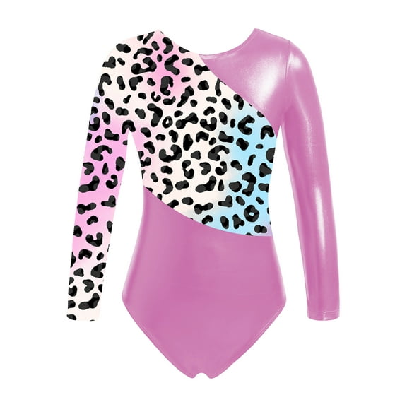 Lejafay Kids Girls Shiny Long Sleeve Gymnastics Leotards Ballet Unitards Dance Tops Athletic Colorful Leopard 14