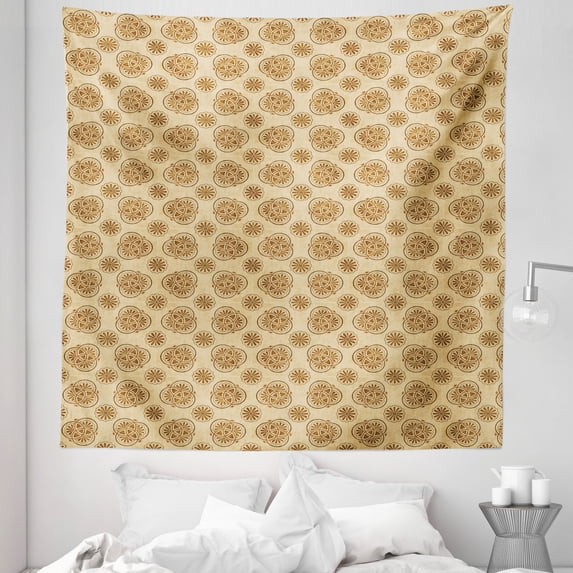 Retro Tapestry, Worn out Looking Retro Print with Interlacing Circles and Flower Petals, Fabric Wall Hanging Decor for Bedroom Living Room Dorm, 5 Sizes, Tan and Caramel, by Ambesonne