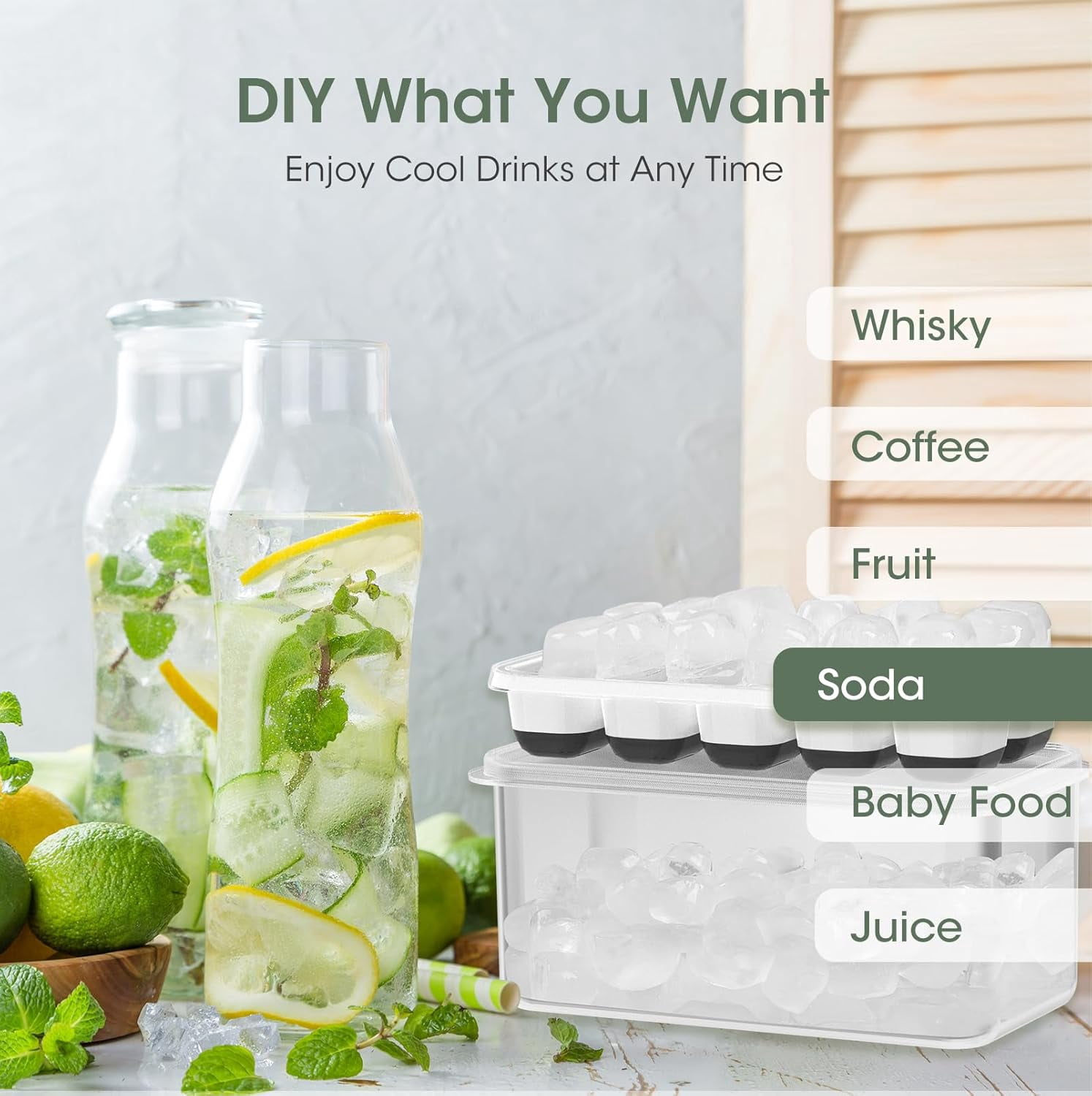 Senya Ice Cube Tray with Lid and Bin, 4 Pack Stackable Ice Tray with Storage Ice Bucket Kits, Ice Scoop