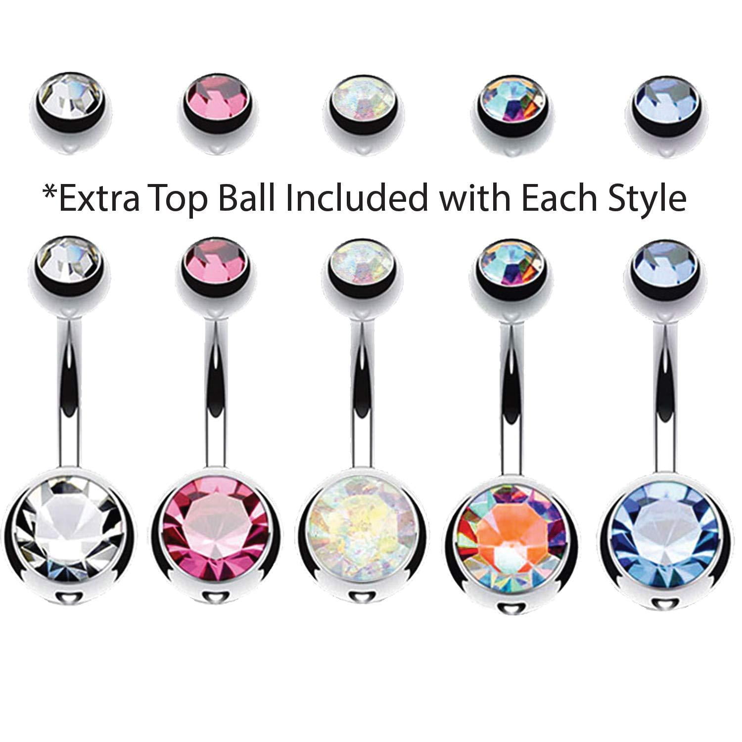 BodyJ4You 5PC Belly Button Rings 14G Stainless Steel CZ Girl Women Navel 5 Replacement Balls Pack 