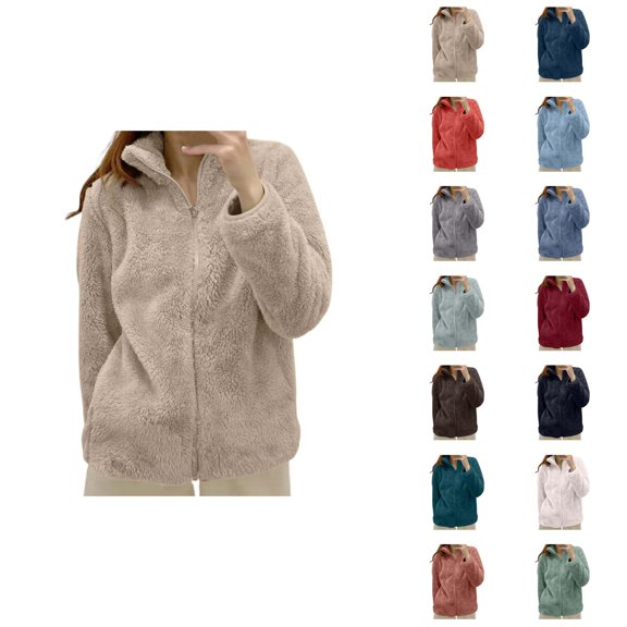 Fuzzy Jackets for Women 2026 Fashion Soft Thermal Long Sleeve Stand Collar Full Zip Up Winter Coat Outerwear