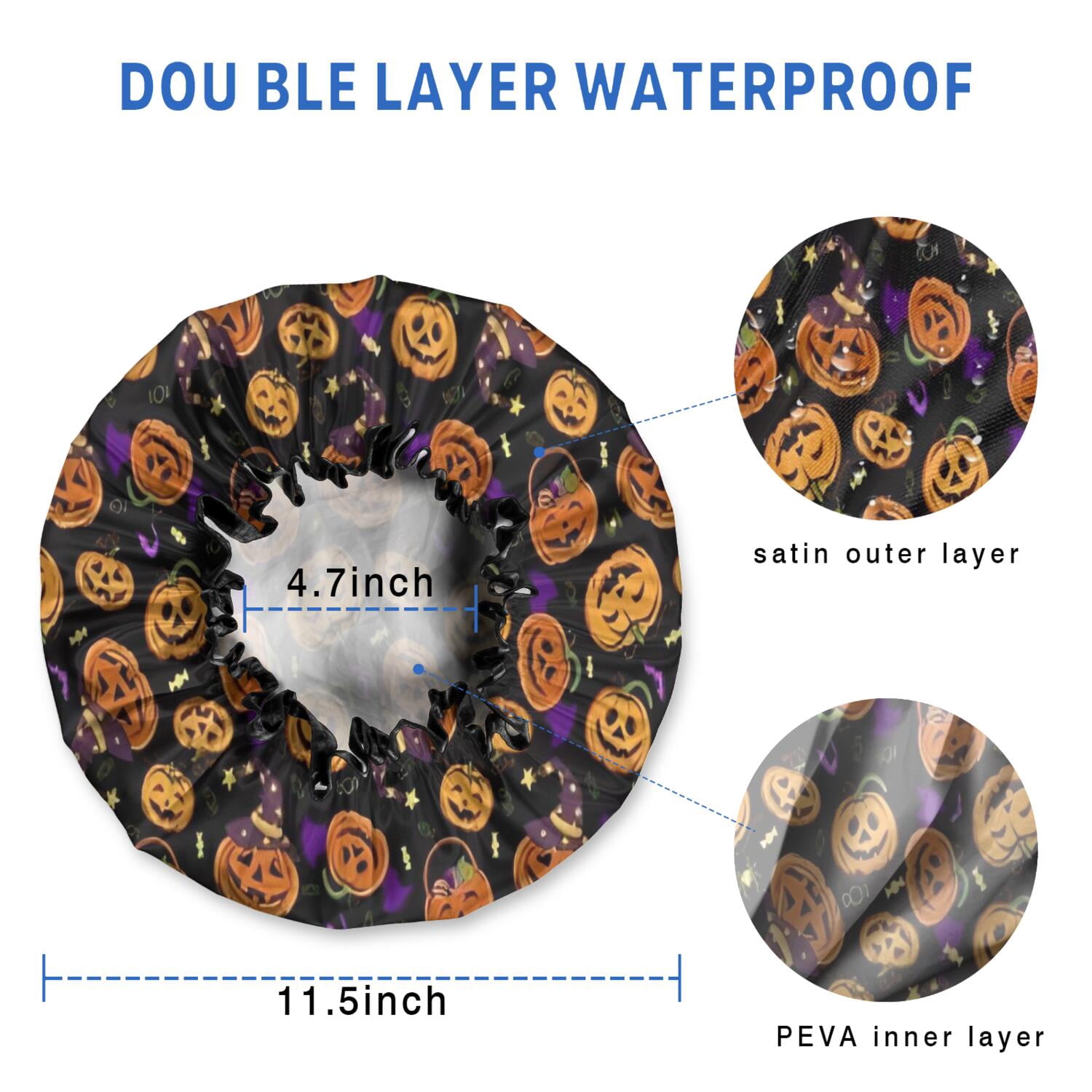 Shower Caps,Halloween Pumpkins with Witch Hats Waterproof Shower Cap for Women 4 Pieces,Double Reusable Hair Cover for Shower PEVA Elastic Stretch Hem
