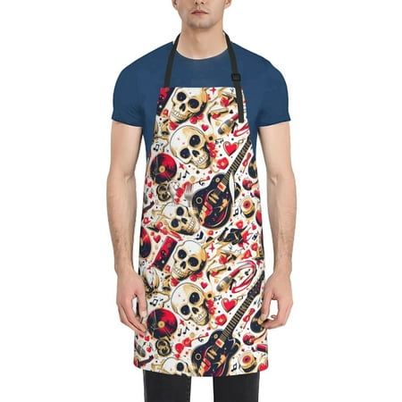 

Adobk Aprons Adjustable Bib Aprons with 2 Pockets Cooking Kitchen Chef Apron for Women and Men-Men-Guitar Skull rock