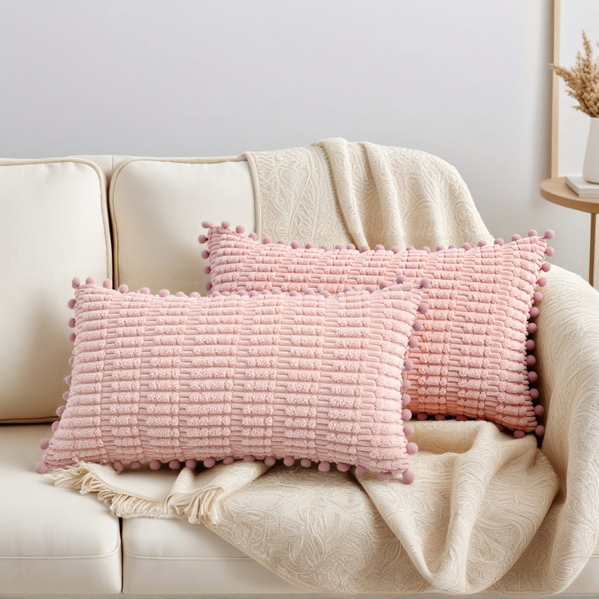 Unique Bargains Set of 2 Corduroy Throw Pillow Covers with Pom-pom Edges 20" x 12" Pink