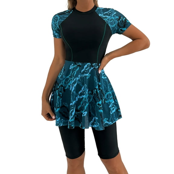 IWEMEK Women 2 Piece Swimsuit Short Sleeve Floral Print Swim Dress with Board Shorts Rash Guard Bathing Suit Size XL
