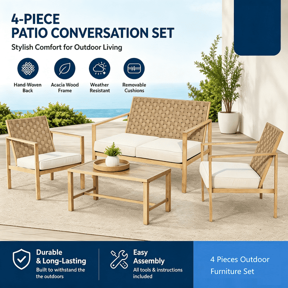 Weetoo 4 Piece Metal Patio Furniture Set with Cushions, Outdoor Loveseat Conversation Set