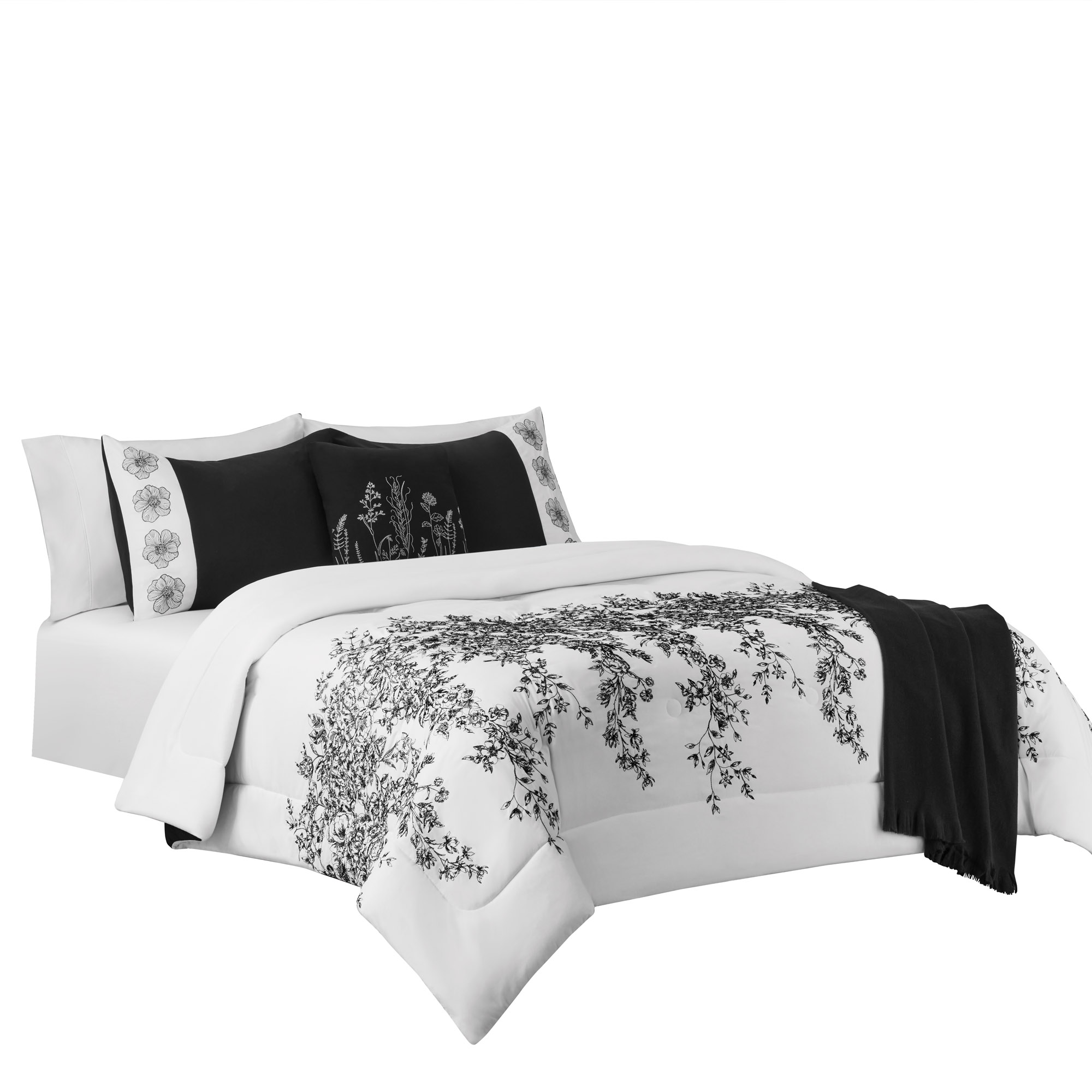 Mainstays 5 Piece White And Black Embroidered Comforter Set King 