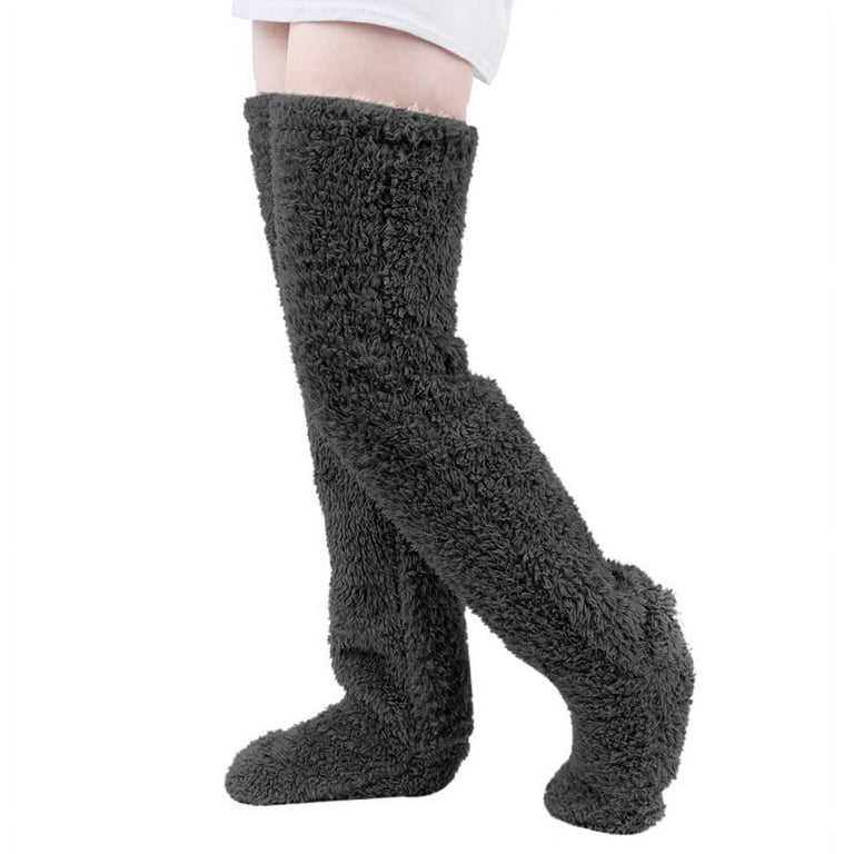 Saekor Over Knee High Fuzzy Long Socks Plush Slipper Stockings Leg Warmers Winter Home Sleeping Socks New Adult Unisex Size 9 Gray