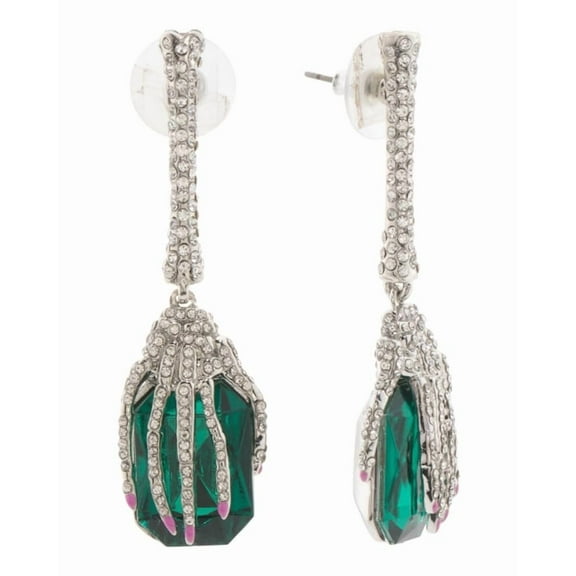 Betsey Johnson Crystal Embellished Skeleton Hand Drop Earrings, Green Stone, Silver Tone