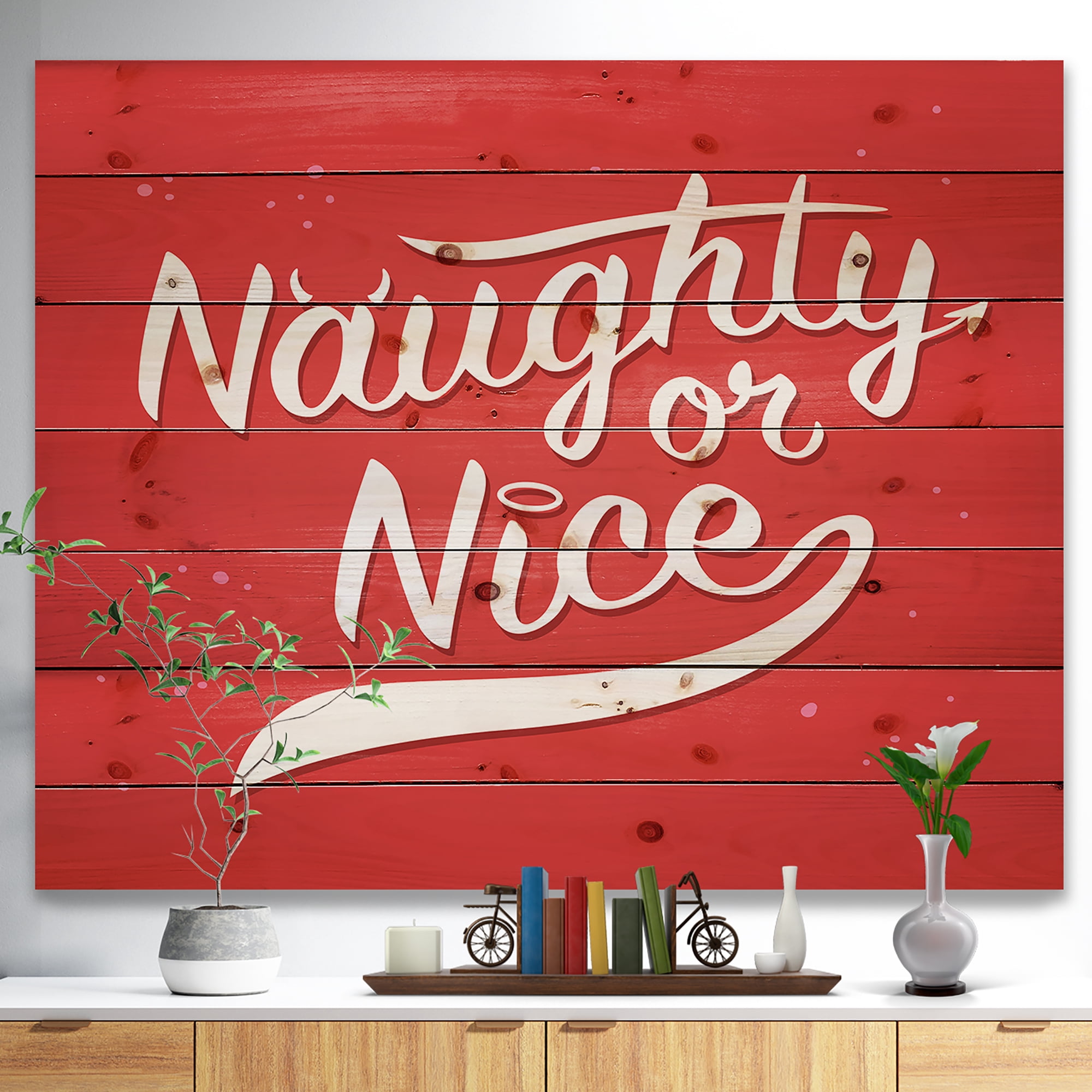Designart 'Christmas Naughty or Nice' Print on Natural Pine Wood