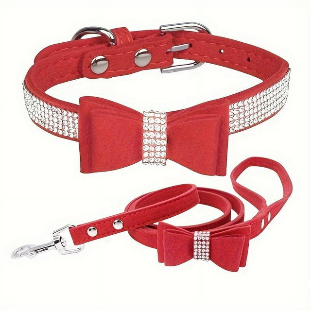 CNKOO 2pcs Sparkling Rhinestone Dog Collar & Leash Set for Small & Medium Dogs Cute Bow Tie Collar with Escape-Proof Rope