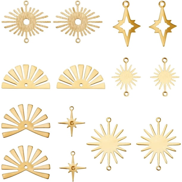 1 caja de 56 conectores de latón de 7 estilos, abalorios de eslabones dorados, de metal, huecos, dorados, con forma de sol, ojos y estrellas celestiales, con 2 agujeros.