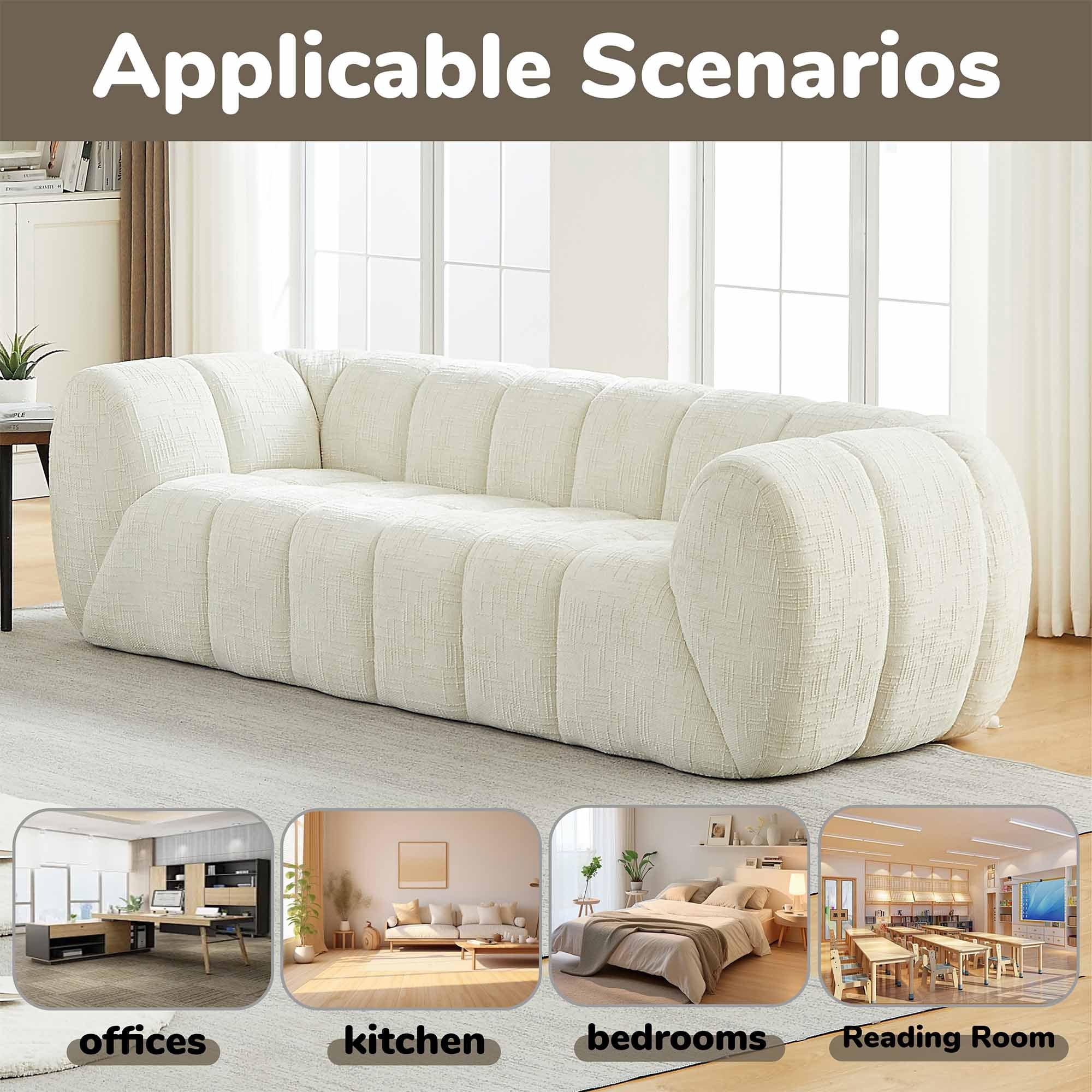 Lunale Small Boneless Sofa, No Assembly Required, 2-Seater Cloud Couch for Living Room, Apartment, Beige Chenille