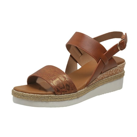 

Rewenti Women s Sandals Thick Sole Sloping Heel Peep-toe Buckle One Line Casual Sandals Brown 9(42)