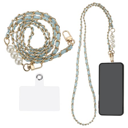 Phone Lanyard, 47 Inch Crossbody Cellphone Chain with Tether Tabs, Anti-Theft Metal Pearl Neck Strap for Smartphones, Light Blue