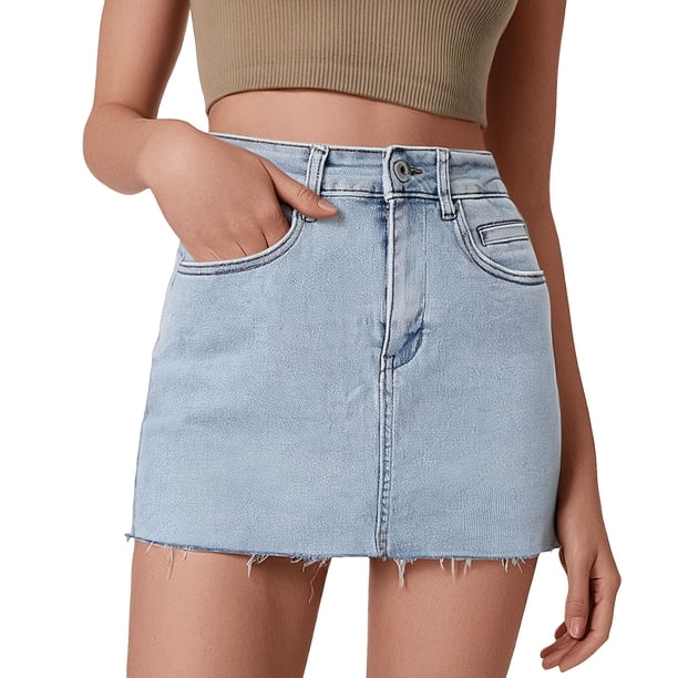 Minifalda vaquera ajustada para mujer: cintura alta, 4 bolsillos, elástica lavada, informal/para citas/playa