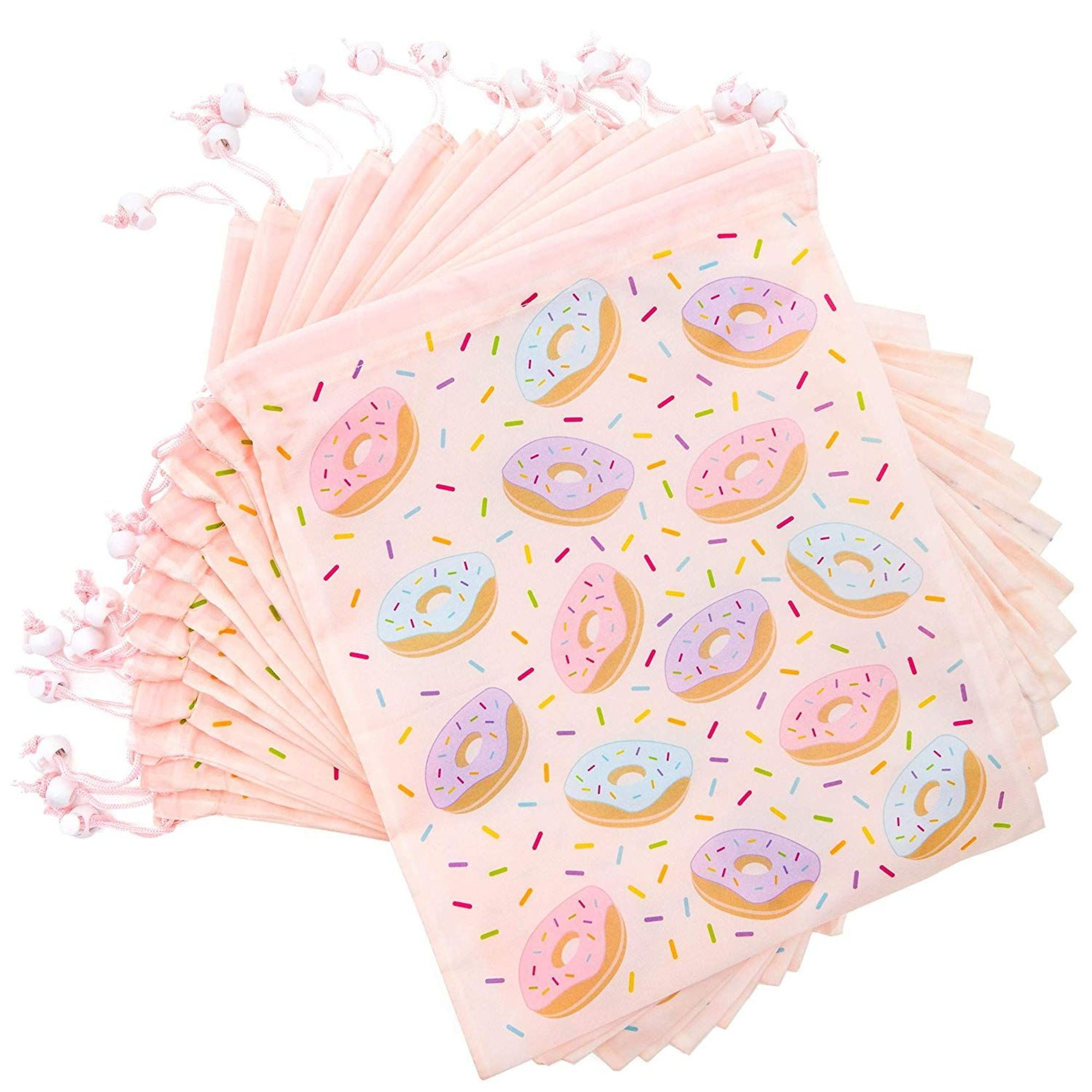12 Pack Donut Kids Party Favor Bags, Drawstring Gift Package Goodie Treat Bag Pouch, Girls Boys