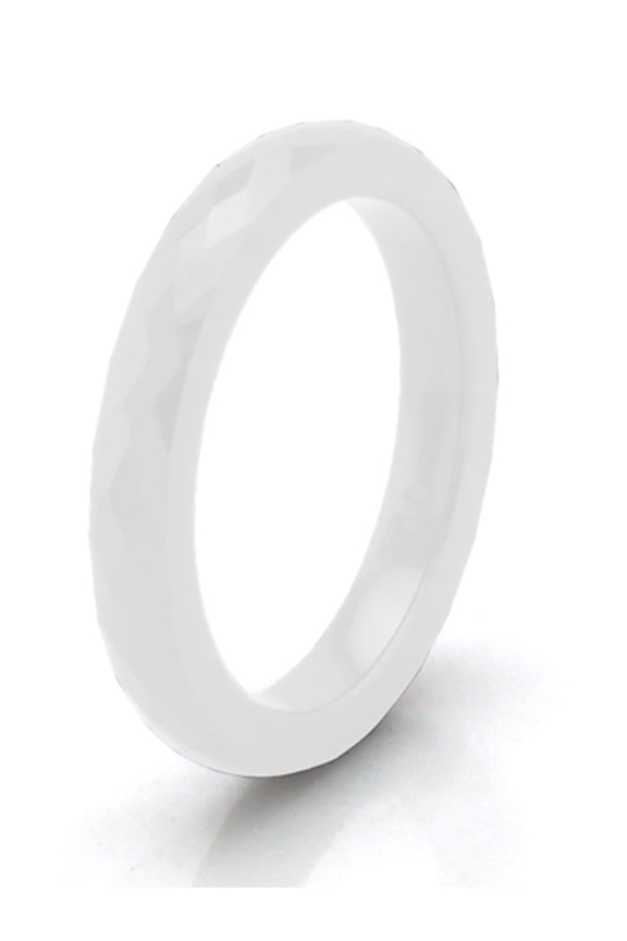 3 MM White Ceramic Multi Faceted Stackable Wedding Band Ring