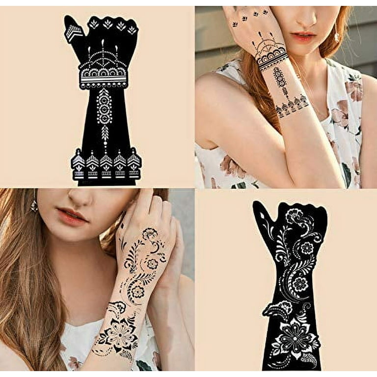 Tattoo Stencil Templates(12 Sheets), Konsait Reusable Henna Hand Temporary  Tattoo Kit, Arabian Indian Self-Adhesive Tattoo Sticker for Women Girls