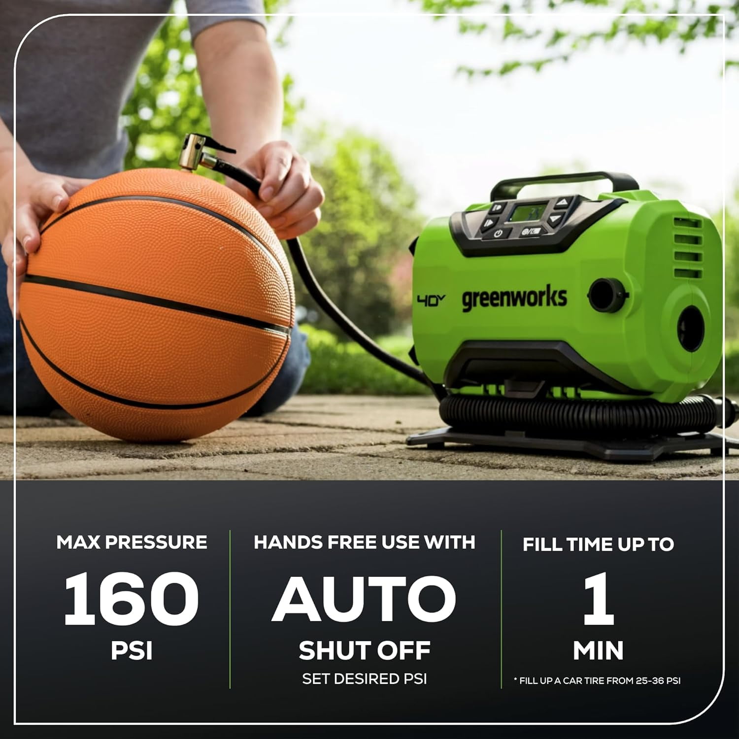 Greenworks 40V Cordless Tire Inflator, 160 PSI Portable Air Compressor, Tool Only