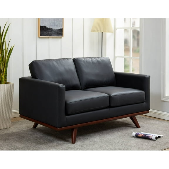 Leisuremod Chester Modern Faux Leather Loveseat With Birch Wood Base Living Room Sofa (Black)
