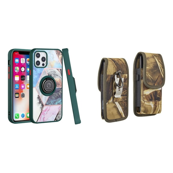 Bemz Ring Series Case for iPhone 14 (TPU Silicone Cover with Magnetic Stand) and Vertical Rugged Nylon Belt Holster Pouch (Green on Galaxy Marble/Camo)