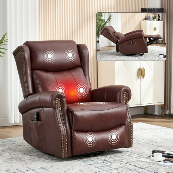 Lisonu Elegant Swivel Rocker Recliner, Fabric Massage Chair with Heat, Manual Reclining Armchair for Living Room, Rich Red