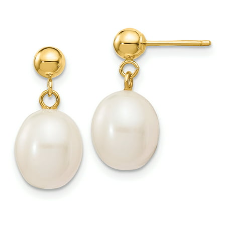 14k 8-9mm White Rice Freshwater Cultured Pearl Dangle Post