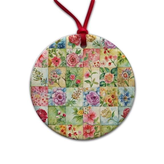 Patchwork Floral Quilt Quilter Sewing Watercolor Christmas Tree Holiday Round Ceramic Ornament