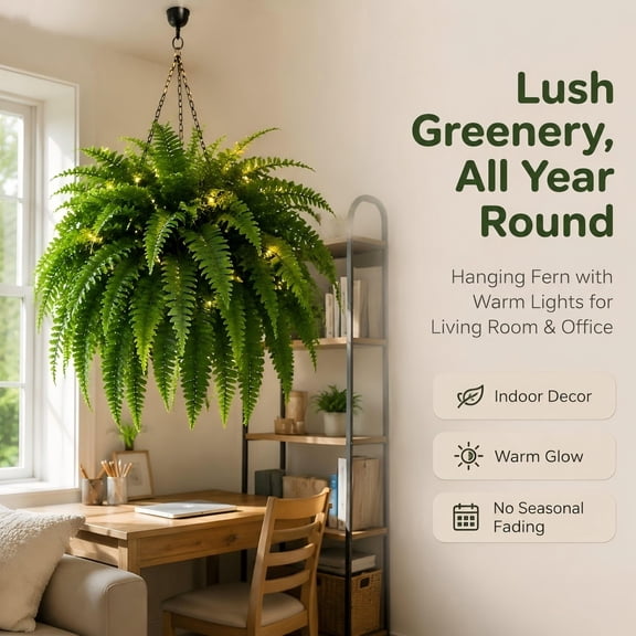 Pre-Lit Artificial Boston Fern Hanging Basket with Warm LED Lights, 23.6 Inch Faux Greenery Plant for Home Office Porch Decoration, No Maintenance