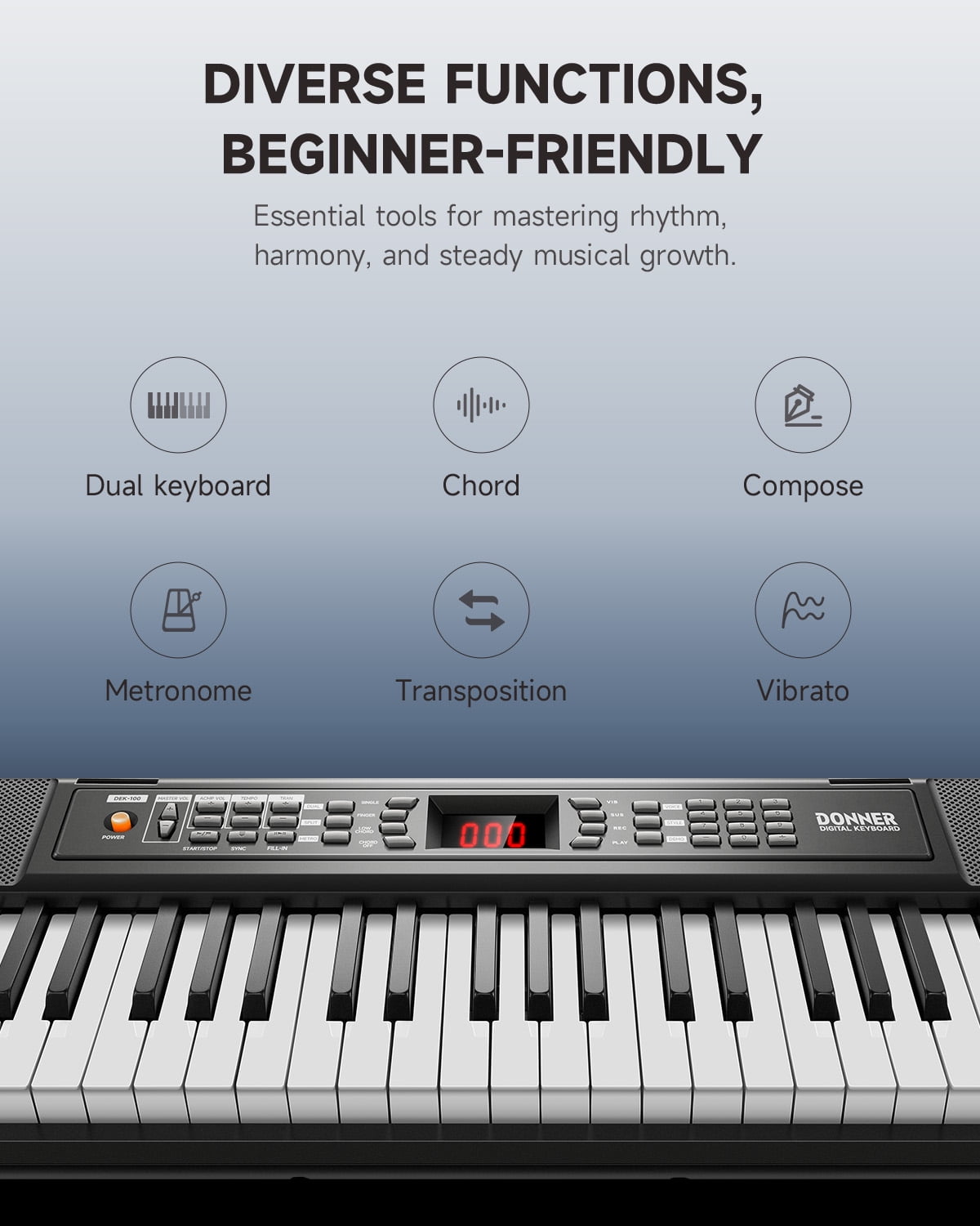 Donner DEK-100 61-Key Portable Digital Piano for Beginners, 128 Tones & Rhythms, Sustain Pedal, Auto Accompaniment, Lightweight & Compact