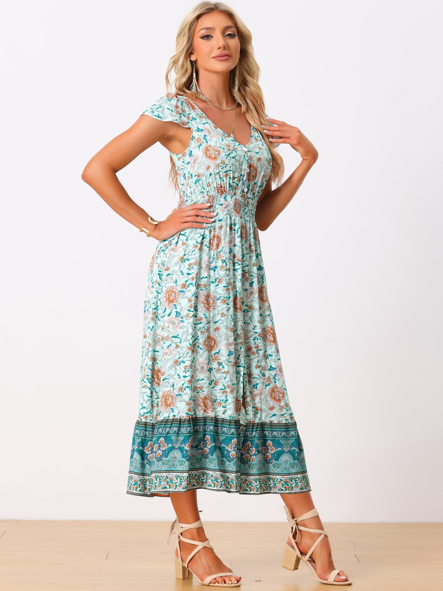DARING DIVA V Neck Long Boho Floral Smocked Waist Dress S Green