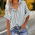 thumbnail image 4 of HongQid Women Linen Shirts Button Down Cotton Short Sleeve Blouses V Neck Collared Button-up Striped Tops, 4 of 6