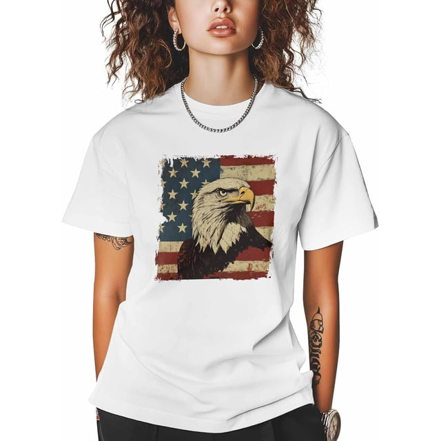 T-shirts Drapeau Américain pour Femmes, tee-Shirt Col Rond Jour de l'Indépendance Animal Rétro Manches Courtes en Coton Doux