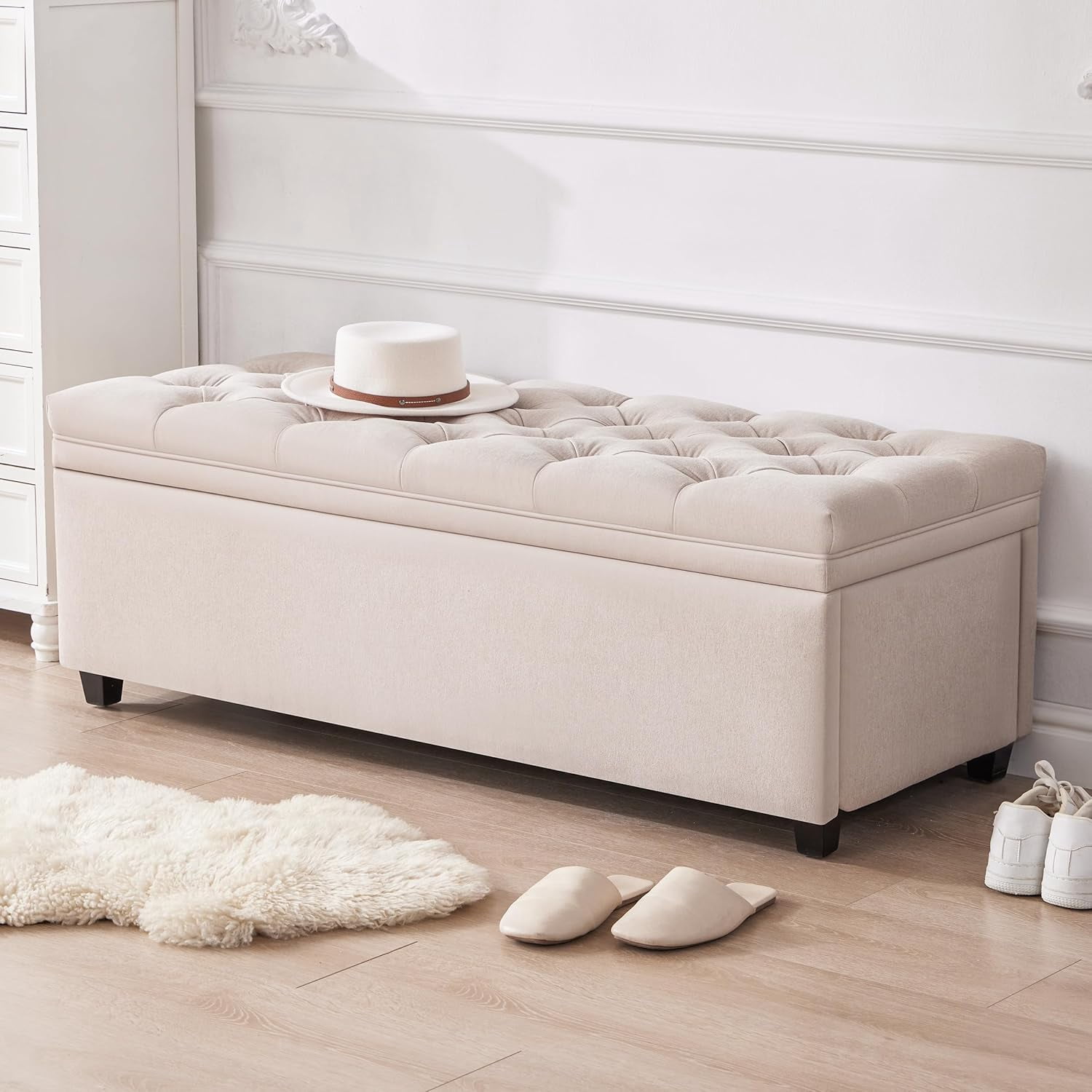 Mangodan 50" Storage Ottoman Bench, Tufted Ottoman With Storage Bench for Living Room, Large End of Bed Bench Ottomans, Modern Entryway Benches, Window & Bedroom Benches for Foot of Bed, Beige