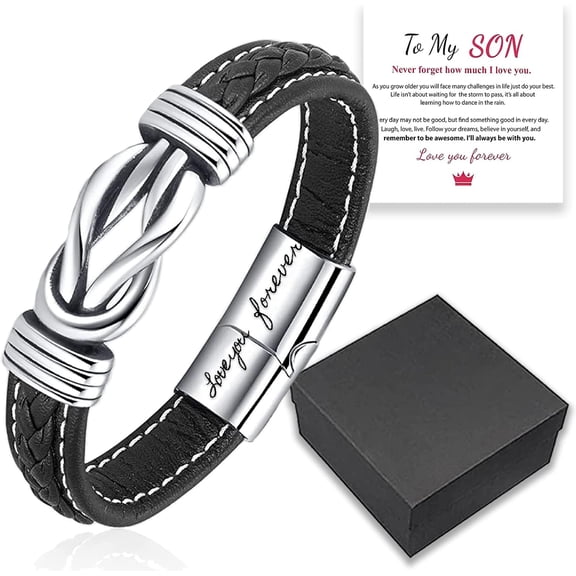 Mother and Son Forever Linked Together Braided Leather Bracelet Men's Stainless Braided Leather Bracelet Bangle Wristband Gift for Son from Mom Dad