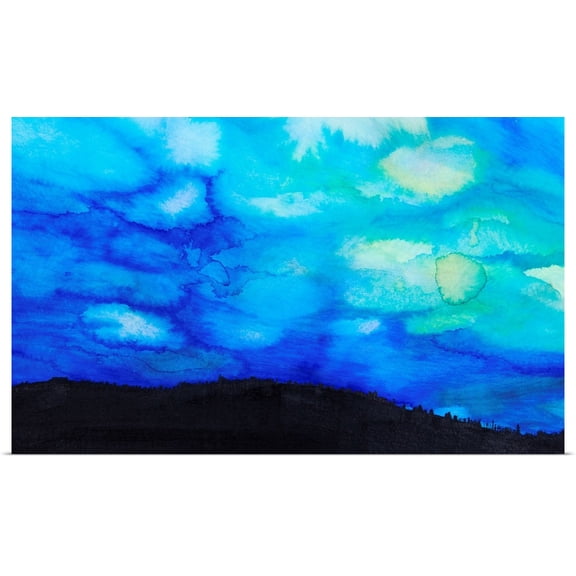 Great BIG Canvas | Rolled Tara Thelen Poster Print entitled Watercolor painting of a dramatic sky with blue clouds and silhouette of a landscape