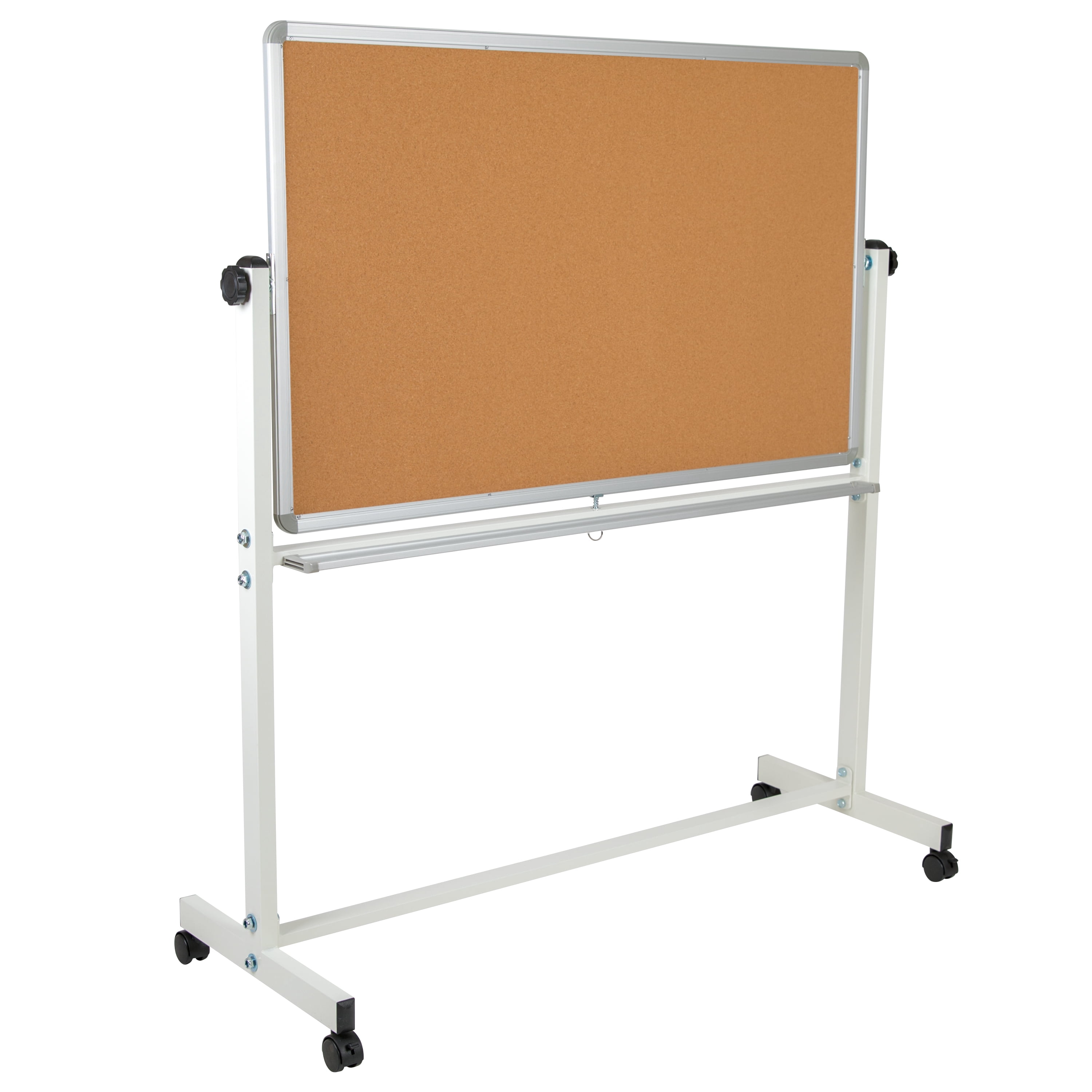Emma + Oliver Reversible Mobile Cork Bulletin Board and White Board with Pen Tray, 53"W x 59"H