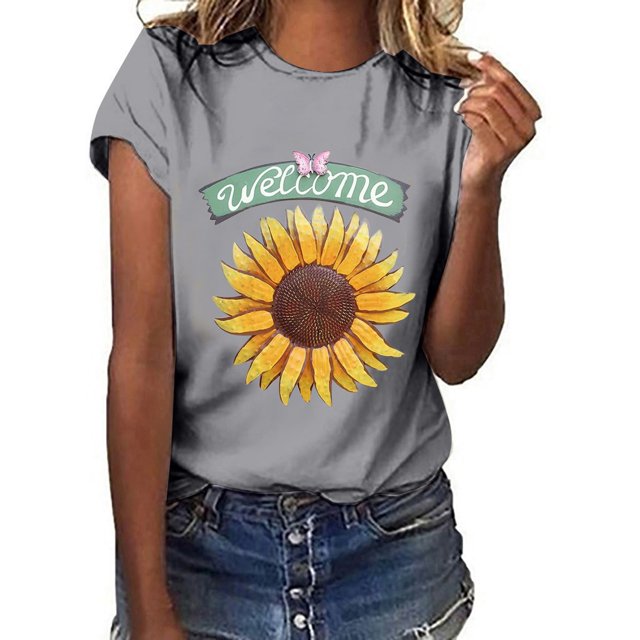 Pntutb Mujer Daisy Impresión Manga Corta Cuello Redondo Moda Casual Camiseta tops Pntutb Pntutb-7091