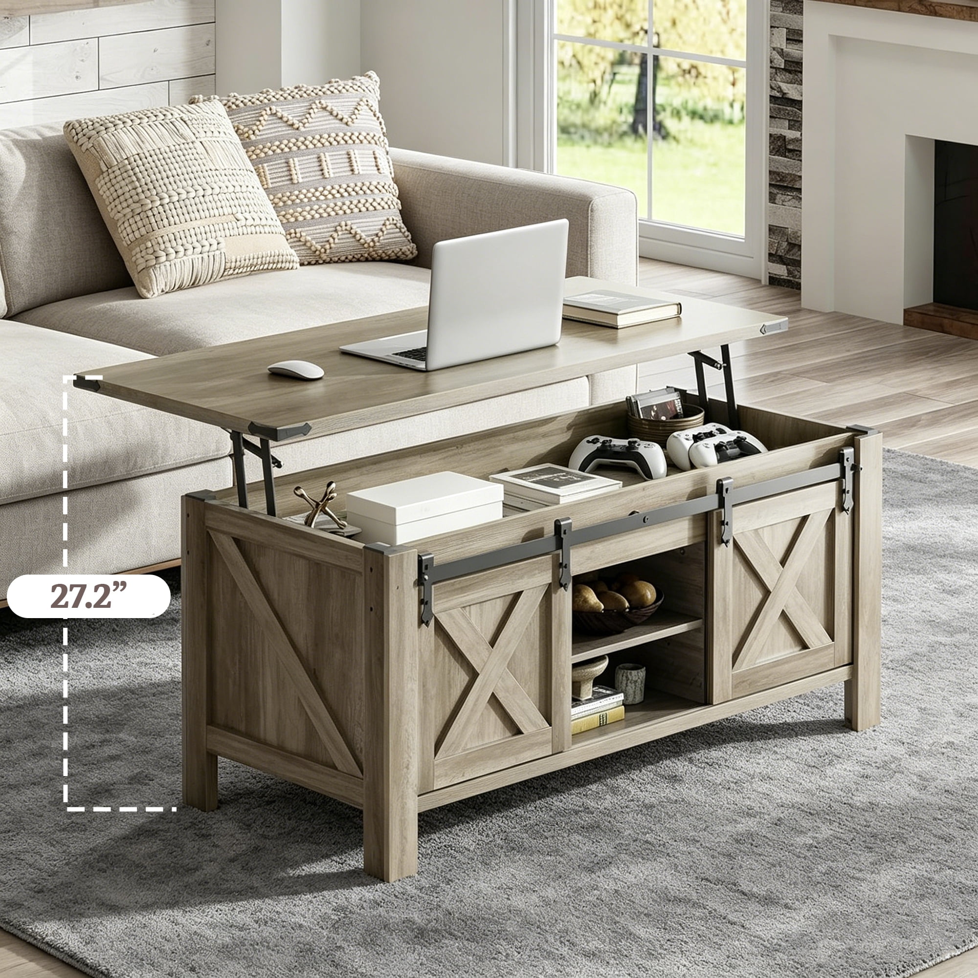 GALAXHERO 47.3" Farmhouse Lift Top Coffee Table with Sliding Barn Doors, Large Hidden Storage Compartment and Adjustable Shelf for Living Room, Office, Greige