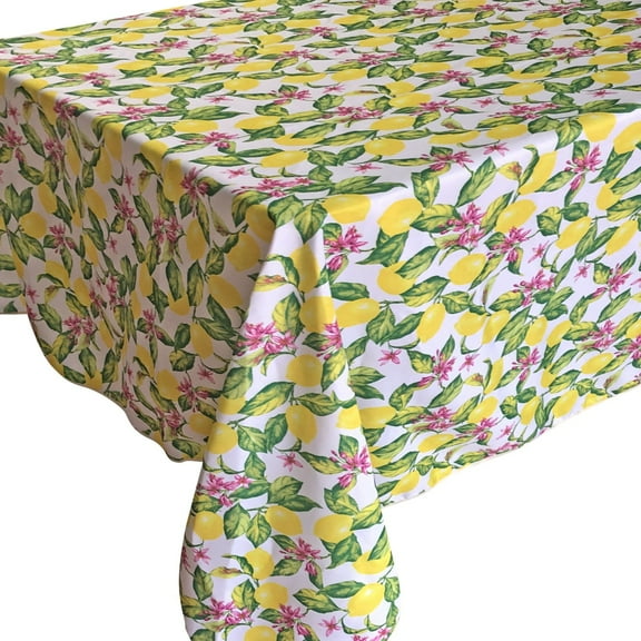 Violet Linen European Lemon Citrus Floral Pattern, Polyester Woven Printed Fabric, Yellow, 60 Inch by 120 Inch, Seats 10 to 12 people, Rectangular Tablecloths