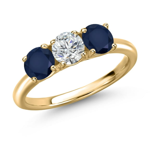Gem Stone King 10K Yellow Gold Lab Grown Diamond and Blue Sapphire Engagement Ring for Women | 1.70 Cttw | Round 5MM | Gemstone April Birthstone | Size 9