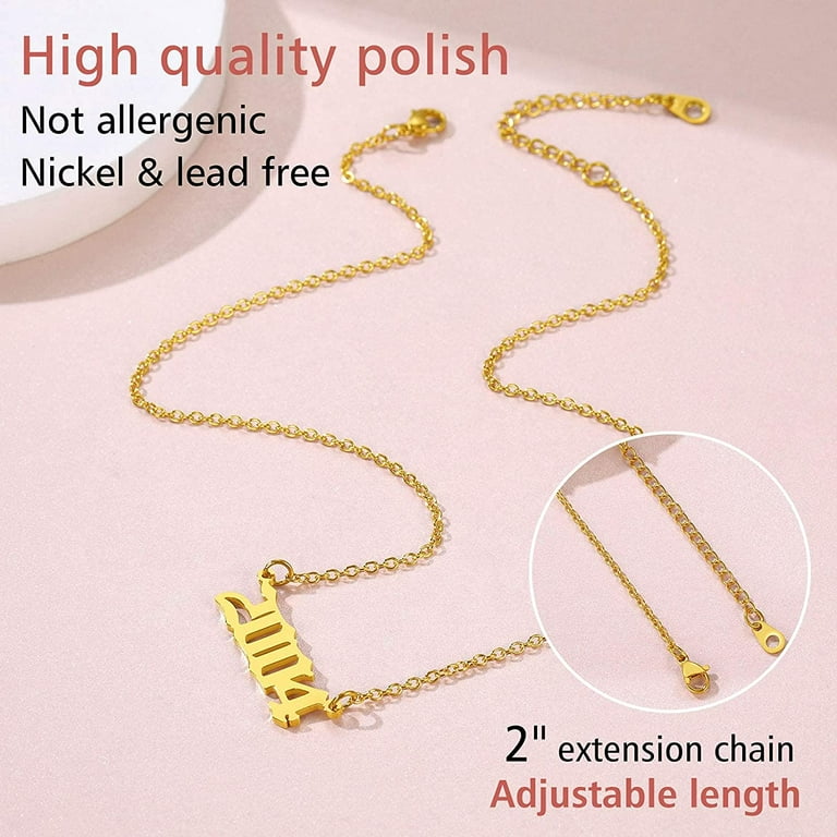 FindChic Angle Chain Birth Year Number Necklace for Women,14K Gold