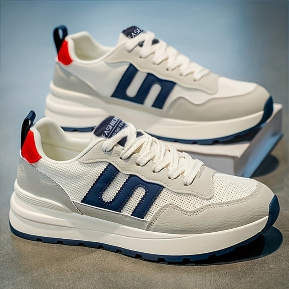 Men's Low-Top Sneakers - White/Blue-Red Contrast Design, Lace-Up Closure, Hiking, Fitness, and Daily Wear - All-Season EVA Cushioned Insole & Slip-Resistant PVC Outsole, Suitable for Running,