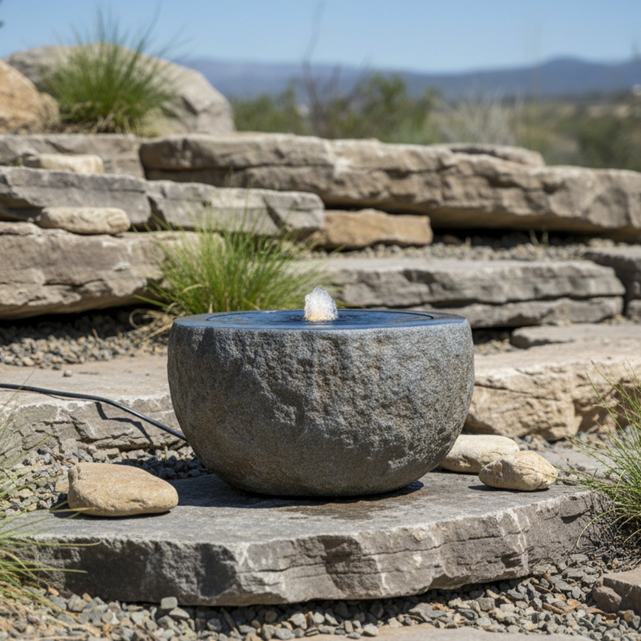 Sunnydaze Round Bowl Gray Outdoor Bubble Fountain, LED Light