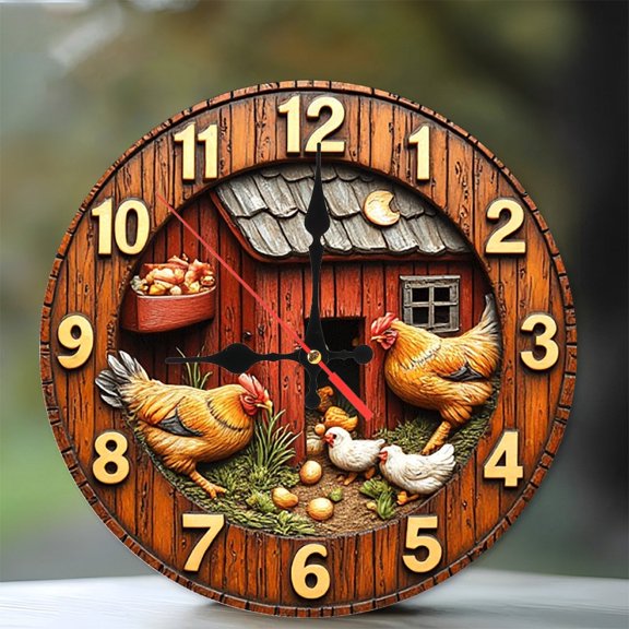 Farmhouse Hen Chicken Coop Wall Clock 10-Inch Silent Wooden Wall Clock, Battery Operated (AA Batteries Not Included), Artistic Home Decor