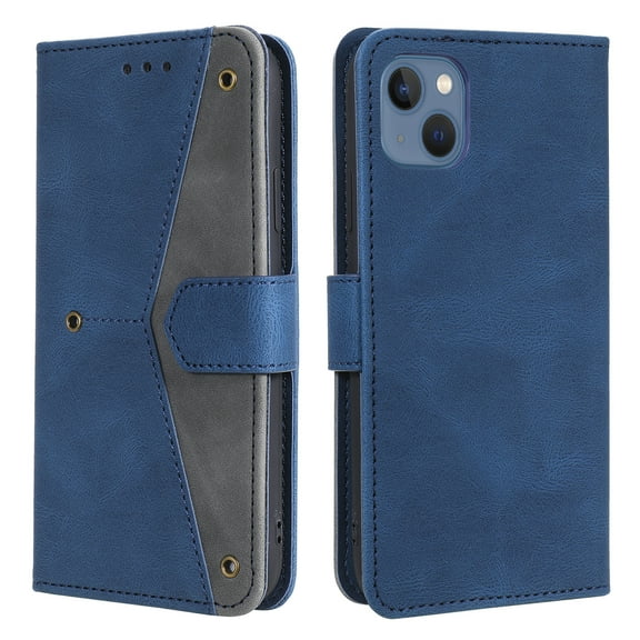 Phone Case for iPhone 15 Plus Wallet Cover with Wrist Strap, Splicing PU Leather Flip Case Card Holder Slots Kickstand Magnetic Closure for Women Men for iPhone 15 Plus, Blue