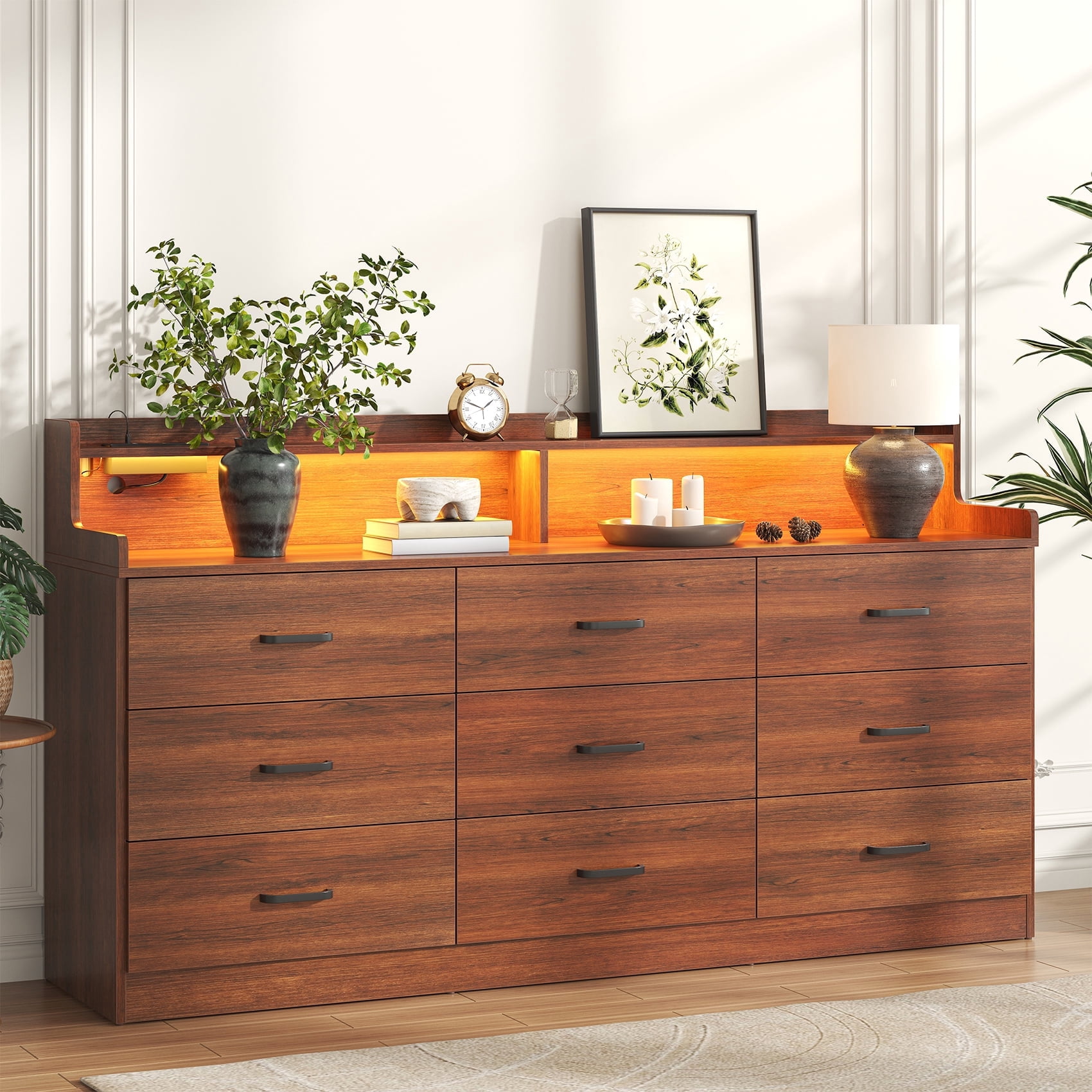 Winkalon 9 Drawer Dresser with LED Light & Charging Station, 63" Long Modern Dresser with 9 Drawers for Bedroom, Wooden Dresser Large Closet of Drawers