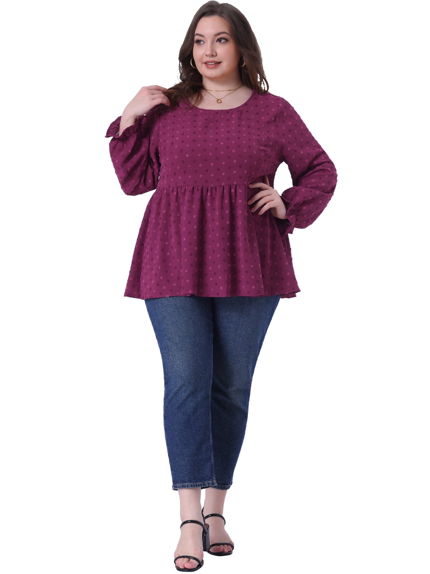 DARING DIVA Women's Plus Babydoll Round Neck Tiered Swiss Dots Blouse 4X Red Purple