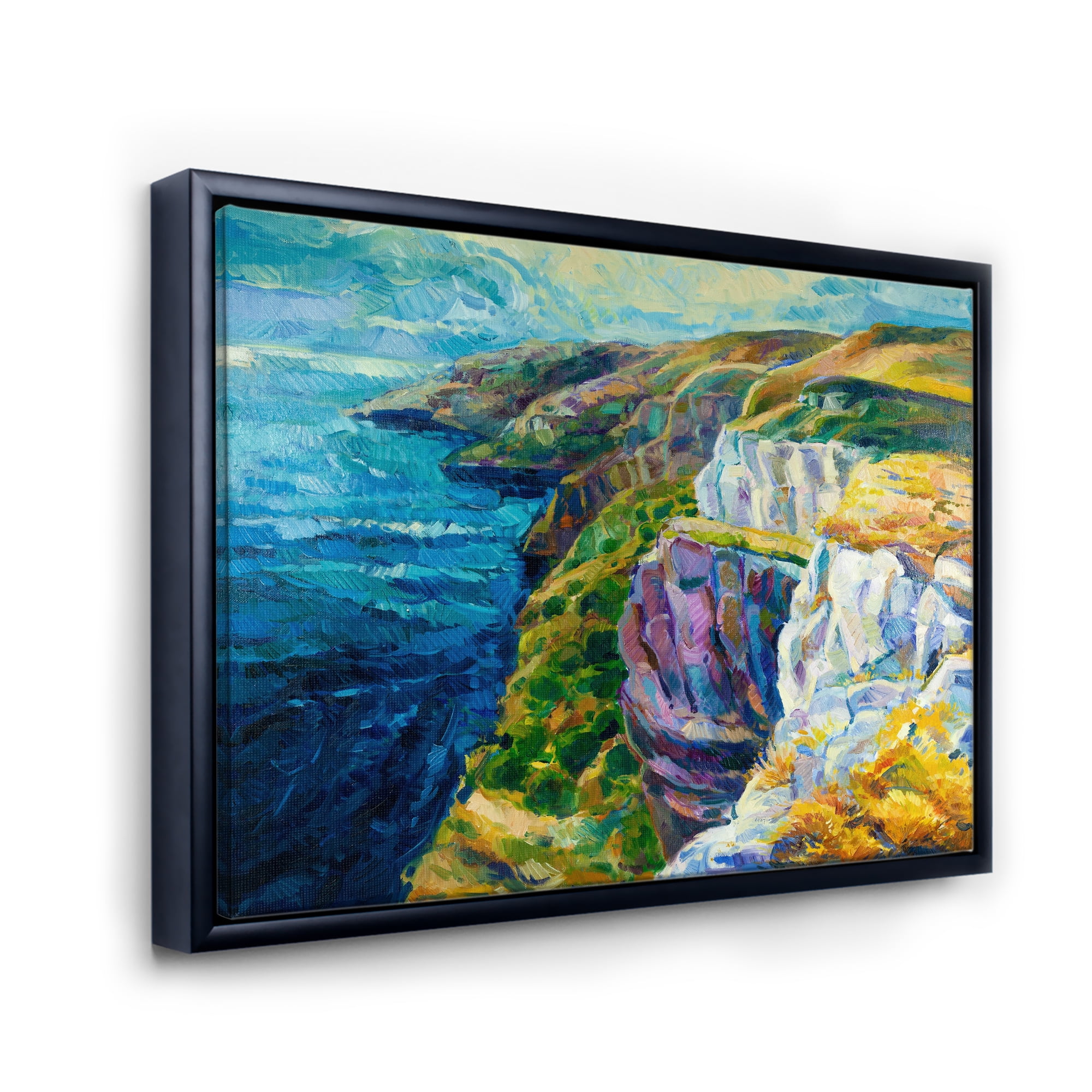 Designart 'The Blue Ocean By Rocky Cliffs II' Nautical & Coastal Framed Canvas Wall Art Print